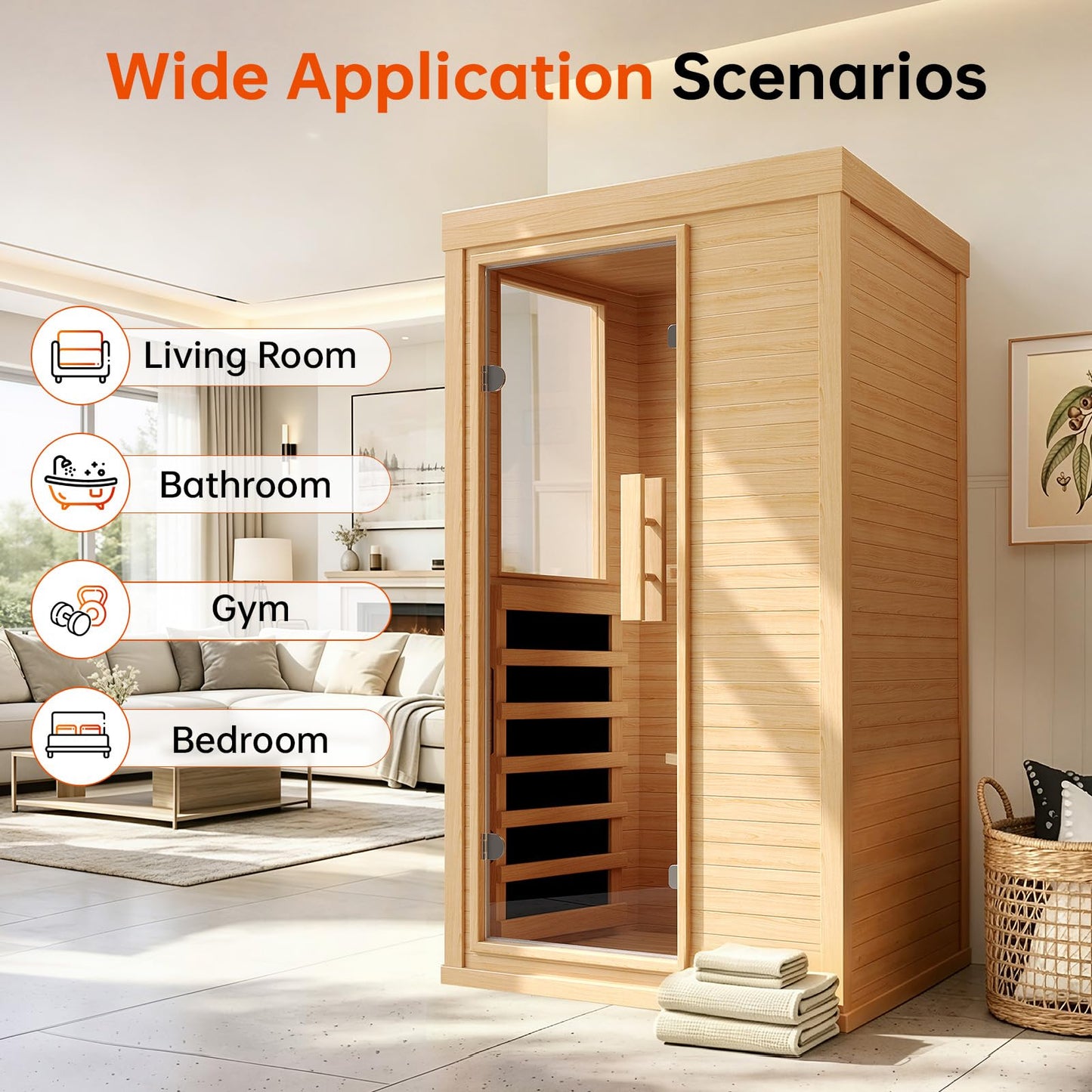 Wood Infrared Home Sauna Room, 1 Person Traditional Indoor Saunas, Canadian Hemlock Dry Sauna Spa for Low EMF with Tempered Glass Door, Bluetooth Speakers and Control Panel, 32.6 x 27.5 x 59.5 Inch