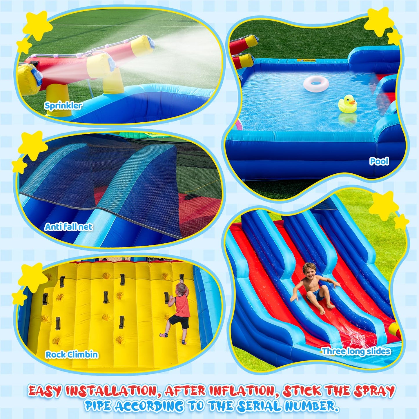 22FT Oxford Inflatable Water Slide Family Version of Water Park Equipped with a Pool Climbing Area and Slide Track Suitable for Summer Swimming Pool Parties and Family Gatherings （Include Blower）