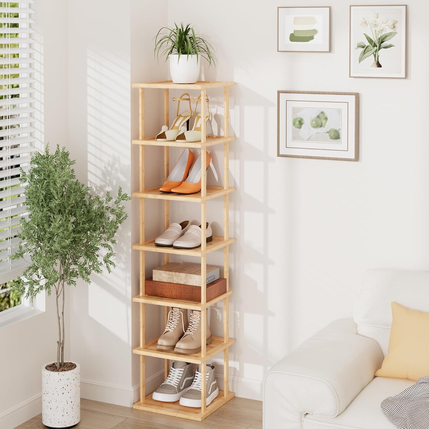 7 Closet Vertical Tall Shoe Rack For Entryway - Tall Tier Free Standing Slim Narrow Bamboo Wood Shoe Boots Storage