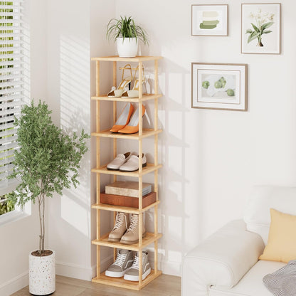 7 Closet Vertical Tall Shoe Rack For Entryway - Tall Tier Free Standing Slim Narrow Bamboo Wood Shoe Boots Storage