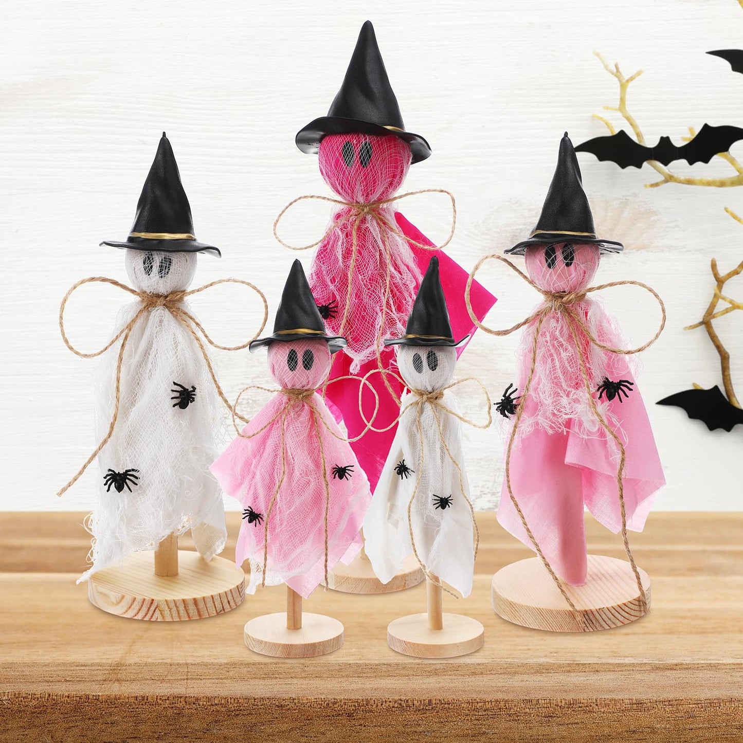 Kathfly 5 Pcs Halloween Ghost Decorations Indoor Primitive Halloween Ghosts with Witch Hat Wooden Stand Pink Ghost Wooden Centerpieces for Home Office Table Tiered Tray Mantel Party Decor