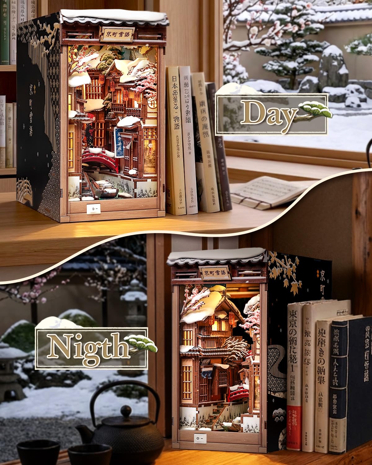 CUTEBEE Book Nook Kit - Japanese Style DIY Miniature Winter House, LED Light Bookshelf Decor Alley Dollhouse for Adults Teens, Gifts for Family (Kyoto Snow Whisper)