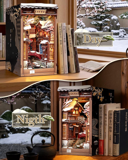 CUTEBEE Book Nook Kit - Japanese Style DIY Miniature Winter House, LED Light Bookshelf Decor Alley Dollhouse for Adults Teens, Gifts for Family (Kyoto Snow Whisper)