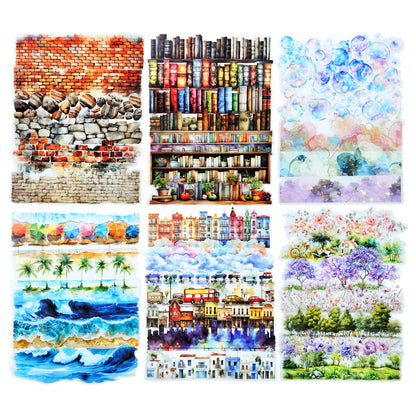 AuriicLeaf PET Scrapbook Stickers Set, 120PCS Journaling Supplies with 6 Themes Book Wall Ocean City Tree Bubble Decorative Stickers for DIY Crafts and Planners