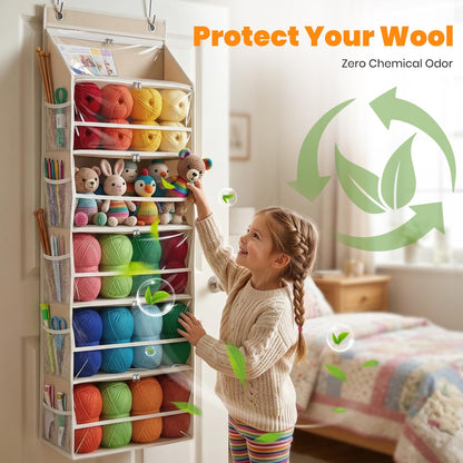 LASTORA Heavy-Duty Oxford Hanging Yarn Storage Organizer with 6 Tiers, Odorless Over the Door Yarn Holder for Crochet and Knitting Lovers, 5 Large Pockets + 1 Tool Section