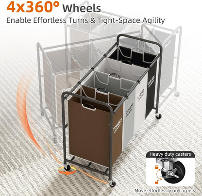ROMOON Laundry Hamper Cart - 4-Section Organizer with Lockable Wheels & Removable Bags | 180L Rolling Basket for Small Spaces (Multicolor)