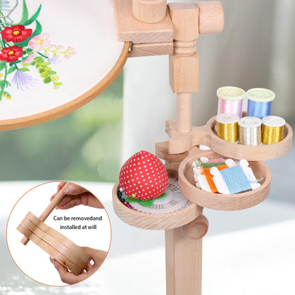 Adjustable Rotating Embroidery Hoop Stand - Beech Wood Holder with Storage Trays, Hands-Free Lap Design for Cross Stitch & Craft Needlework