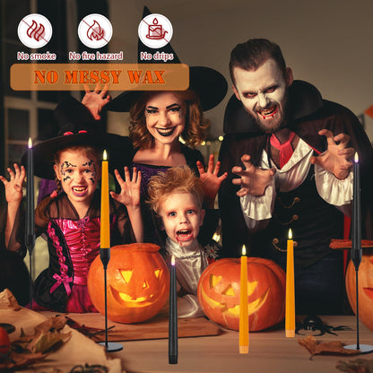 AFINETH Orange and Black Flameless Taper Candles Flickering, Real Wax Halloween Candles with 2 Remote & Timer, Battery Operated Halloween Led Candle for Party Home Decor 6 Pack