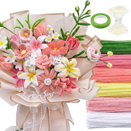 Teyva Daily 1200 Pcs Pink Pipe Cleaners Craft Flower Pipe Cleaner Bulk Flower Kit 6 Color Chenille Stems Floral Making Kit with Floral Wires Gardening Tape Stamen Ribbon for Art and Craft Supplies