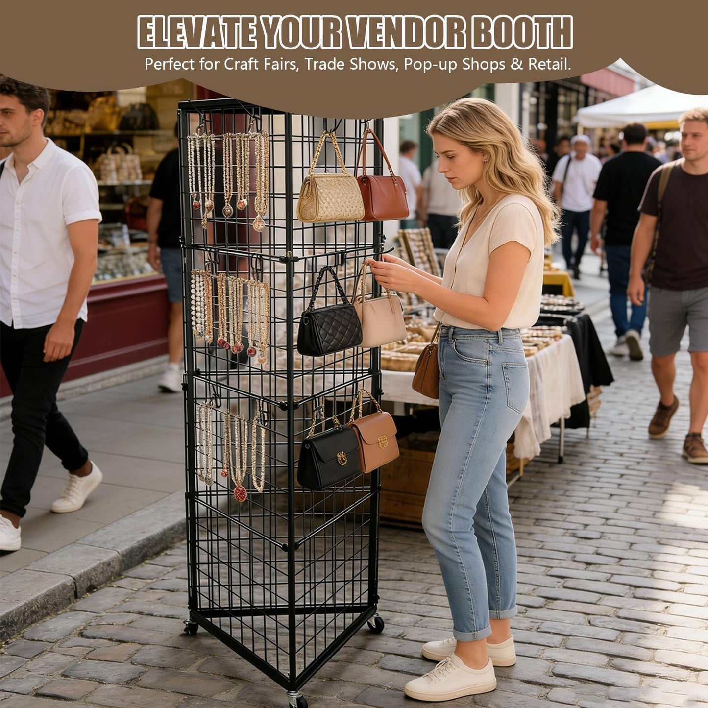 MEIHAOME Grid Wall Panels Foldable Gridwall Display Stand 3-Sided Triangular with Wheels, Rolling Wire Grid Tower for Craft Show, Retail & Vendor Event(24" x 68")