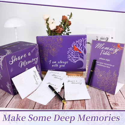 55 Pcs Funeral Supplies Funeral Guest Book for Memorial Service Included Pen Table Sign Cardinal Memorial Memory Cards Box with 50 Pcs Share a Memory Cards for Guest Funeral Farewell Party (Purple)