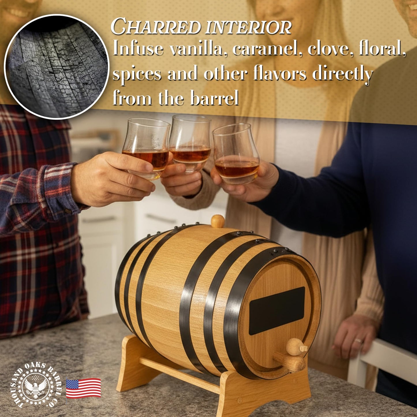 1 Liter Whiskey Barrel Dispenser with Chalkboard Front - Oak Barrels for Aging Whiskey, Cocktails, Tequila - Bourbon Barrel Home Bar Decor - Charred 1L Mini Whiskey Barrels