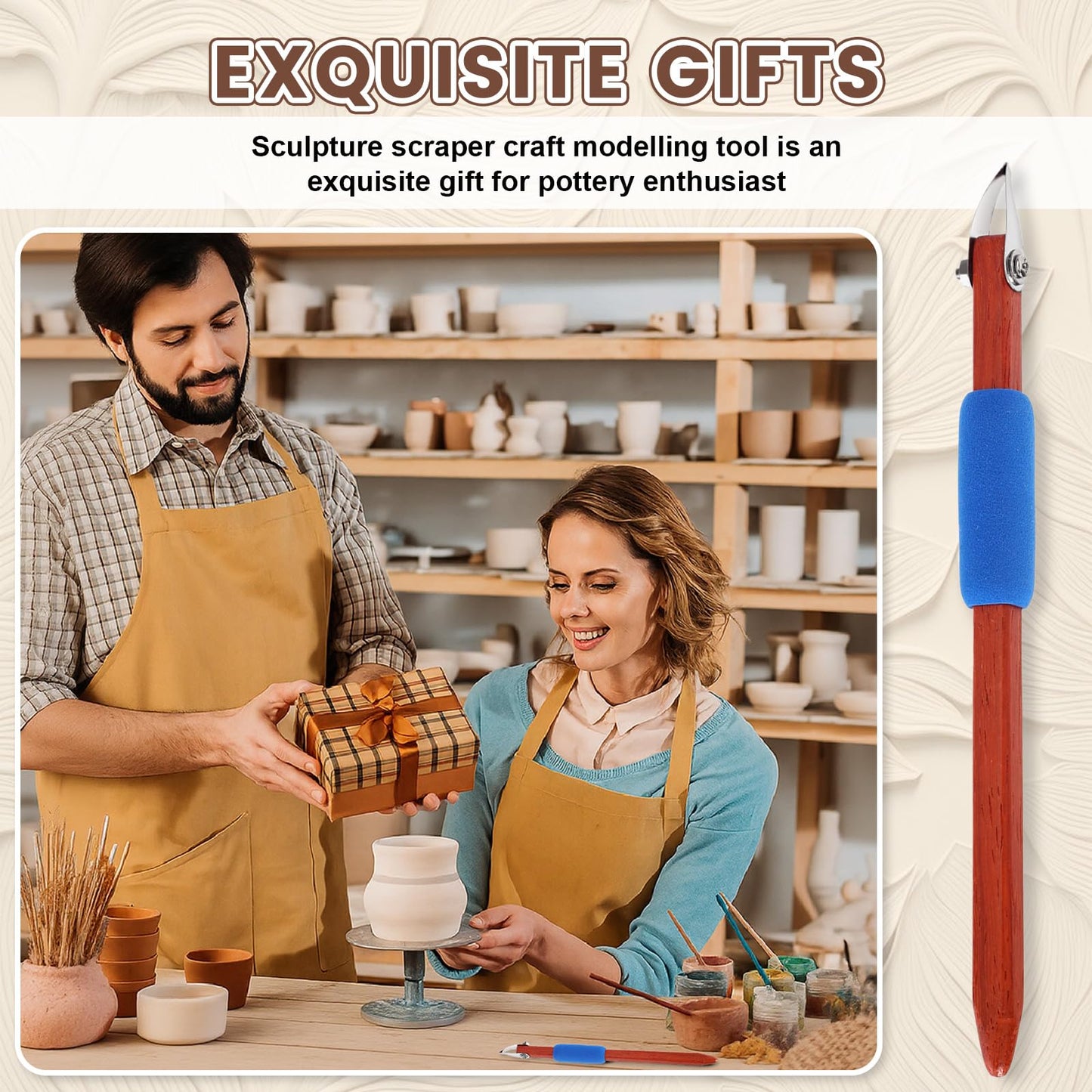 Lanties Pottery Carving Tools Set Include 5 Stainless Steel Blades & Red Pear Wood Handle, Sculpture Scraper Craft Modelling Tools for Clay, Ceramic Sculpting, Graffito, Relief Art (V-tip)