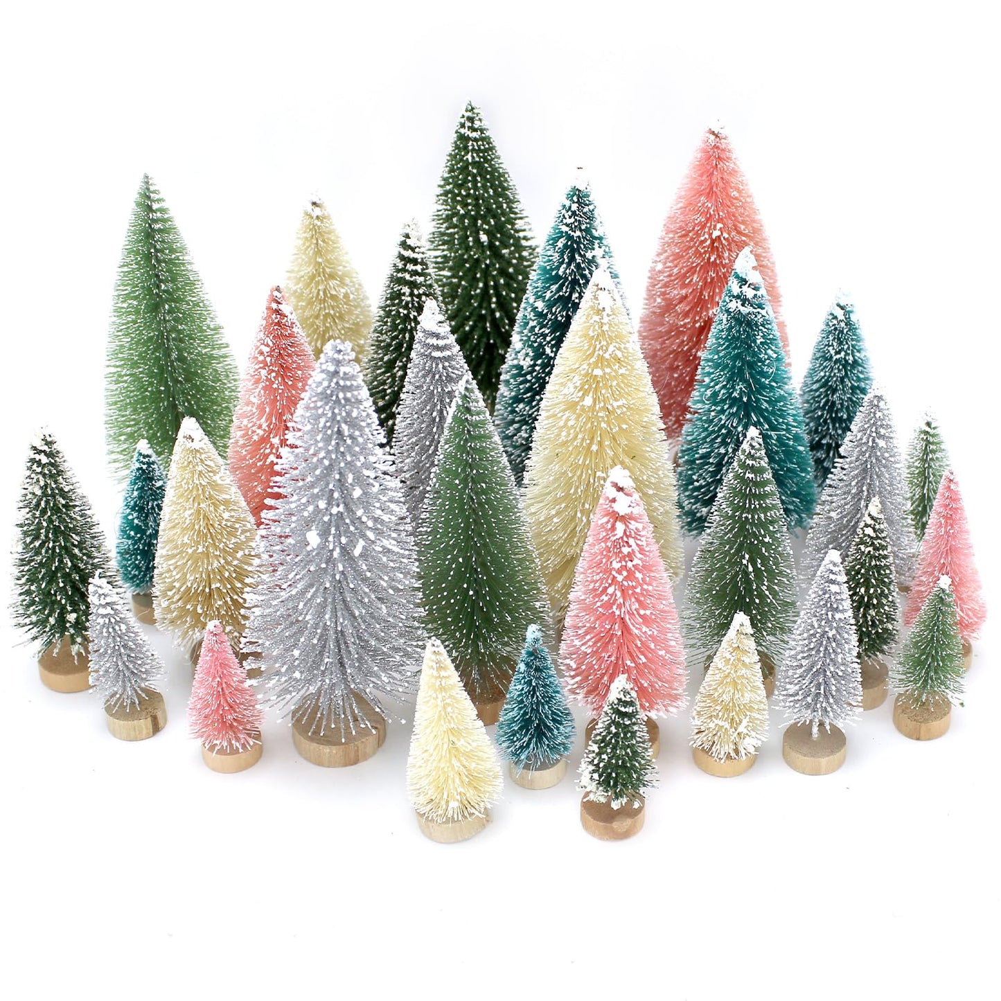30 PCS Mini Bottle Brush Christmas Trees with Wood Base, Small Pine Tree Sisal Trees for Christmas Table Top Decor Winter Crafts Ornaments