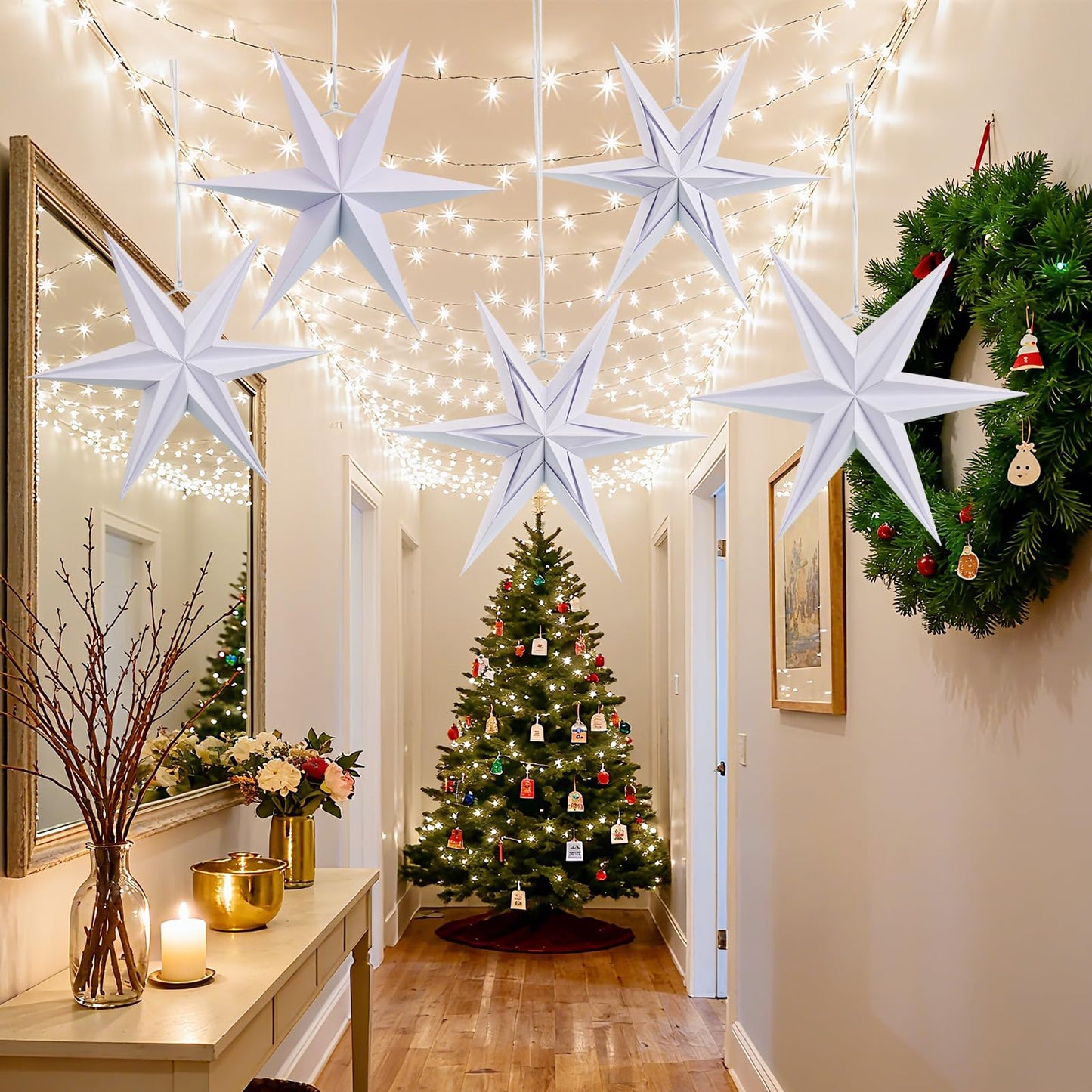 Paper Jazz 3D Paper Star Lartern Decorations, 6 Pointed Hanging Christmas Star,Christmas Celling Wall Decor Multiple Shape Combination for Wedding Baby Shower.