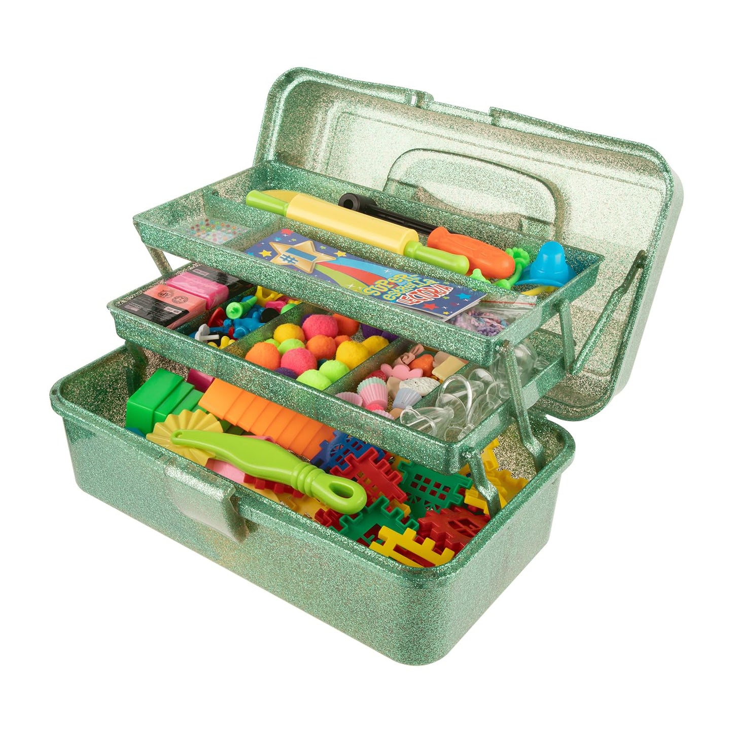 Glitter Art & Craft Tool Storage Box,3-Layer Stackable Carry Tackle Box Sewing Box Organizer for Art Supply, Makeup,Sewing Supply (Green)