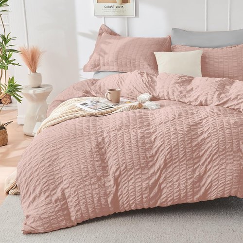 HYMOKEGE California King Comforter Set - Luxurious Rose Gold & Light Grey Seersucker | 7-Piece All-Season Bedding Set