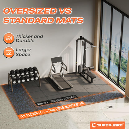 SUPERJARE 0.56" Thick Rubber Top Exercise Mats, 24PCS High-Density EVA Foam Interlocking Gym Flooring, Durable Workout Mat for Home Gym, Garage & Fitness Floor Protection, Black/Blue