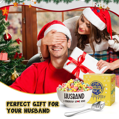 Husband Gifts from Wife, Valentines Day Gifts for Him Husband, Ceramic Bowl & Spoon Set for Cereal, Ramen, Soup, Ice Cream, Salad, Fruit - Perfect for Birthday Christmas Valentines Wedding Anniversary