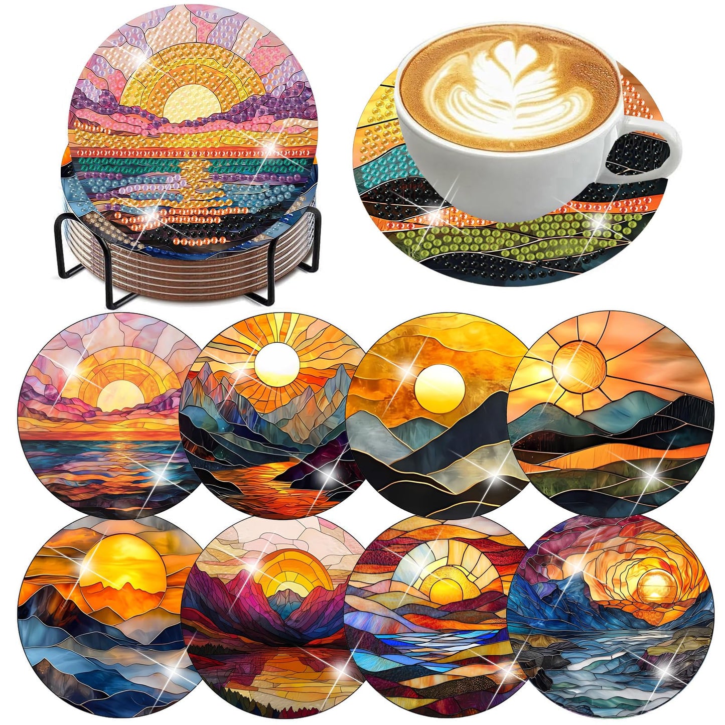 ijbnhd 8 Pcs Sunset Diamond Art Coasters Kits, Sunset Diamond Painting Coasters Kit with Holder, Non Slip Coaster Crafts Kits for Adults Gifts 4x4 inch (Cork Wooden Pad)