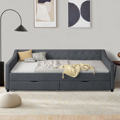 Ball & Cast Full Size Daybed with Two Storage Drawers,Linen Upholstered Day Bed Frame with Button Tufted and Waved Shape Arms, Wood Slat Support,No Box Spring Needed,Dark Grey