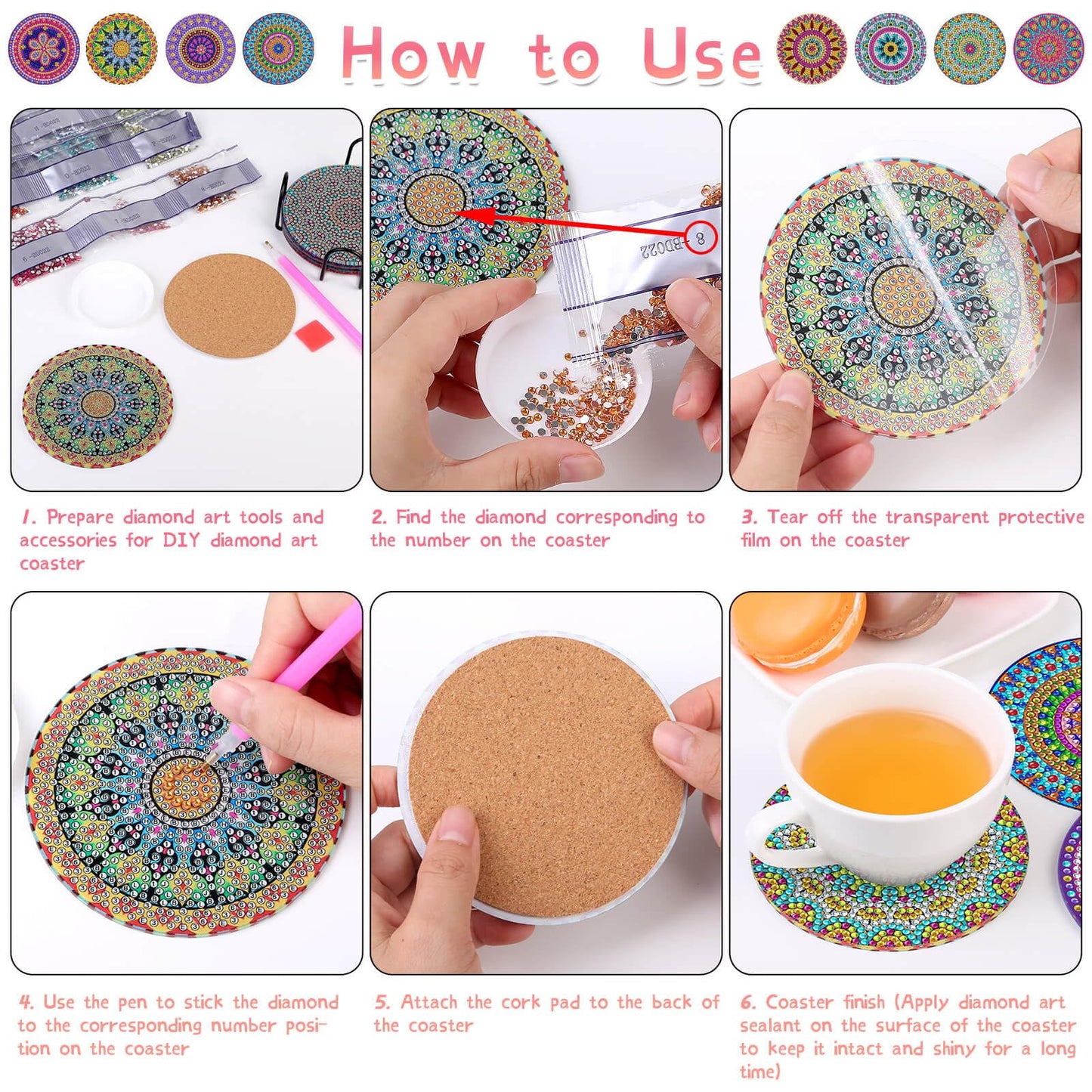 Billbotk Diamond Painting Coasters Kit, 8 Pieces Mandala with Holder, DIY Art for Beginners, Kids