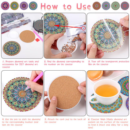 Billbotk Diamond Painting Coasters Kit, 8 Pieces Mandala with Holder, DIY Art for Beginners, Kids
