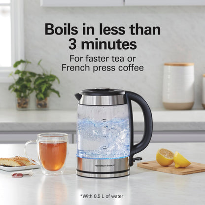 Hamilton Beach Electric Tea Kettle, Water Boiler & Heater, 1.8 Liter, Cordless Serving, 1500 Watts for Fast Boiling, Auto-Shutoff and Boil-Dry Protection, Easy-View Glass (40853C)