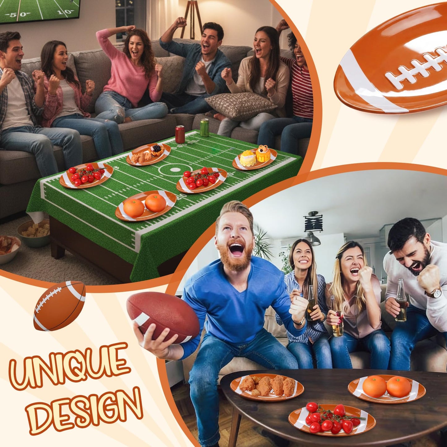 Teenyyou 6 Pcs Football Serving Tray Melamine Football Plates Reusable Party Serving Dishes for Snacks Cookies Dessert Dishwasher Safe