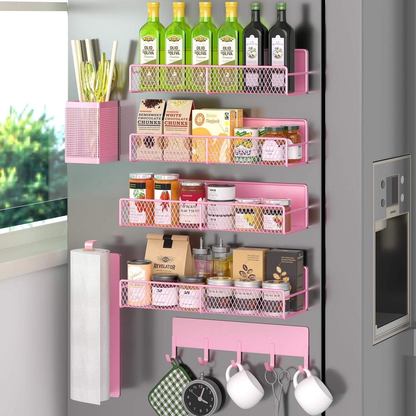 Magnetic Spice Rack for Refrigerator, 6 Pack 100% Metal Strong Magnet Shelf, Space Saving Spice Organizer, Home Kitchen Laundry Room Storage Organization W/ Paper Towel Holder, Utensils Racks (Grey)