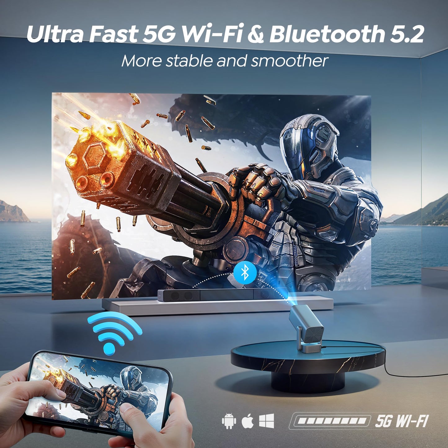 [270°Adjustable Stand/Electric Focus/600ANSI]Mini-Projector with WiFi and Bluetooth, Native 1080P 4K Portable Outdoor Movie Projector, Auto Vertical Keystone, TOPTRO Smart Proyector for Phone/TV Stick
