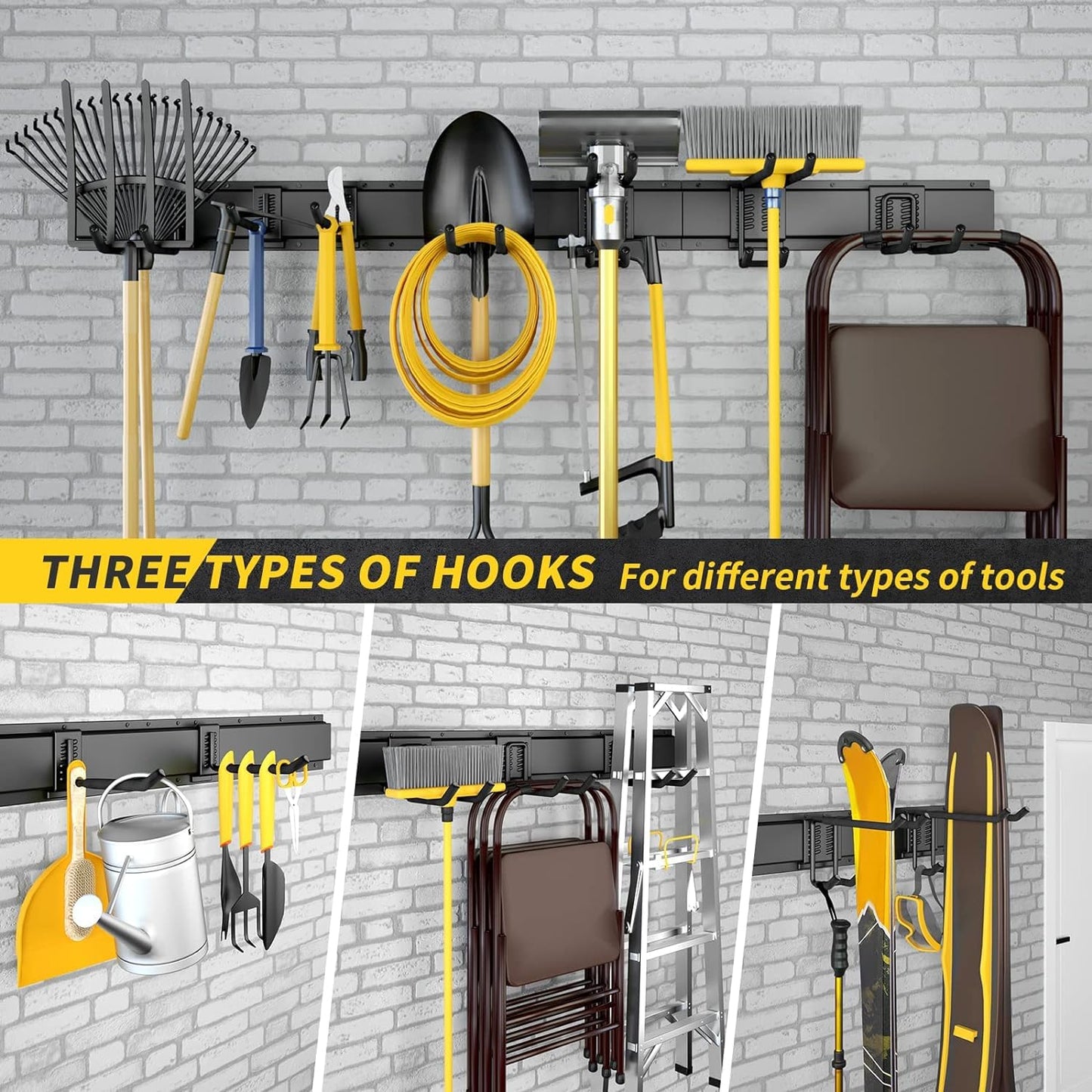 UUP 64 Inches Garage Storage, Garage Organization, Wall Mount Garden Tool Organizer, Max 620lbs Adjustable Metal Hooks, Yard Shed Rack, Tool Holder for Hanging Rake Broom Mop Snowboard, Home Gift