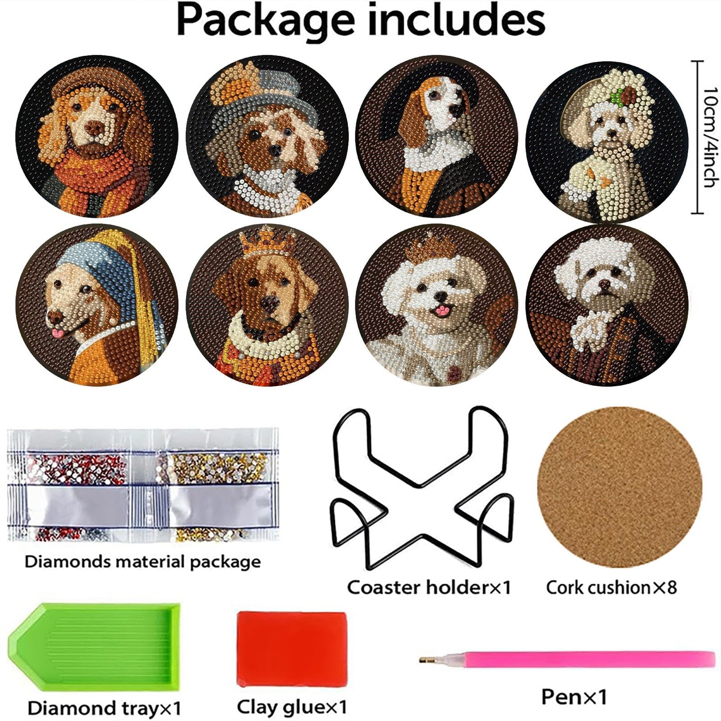 Yijingtop Retro Dog Diamond Art Painting Coasters Kit, 8 Pieces Puppy Diamond Art Coasters with Holder, DIY Funny Dog Small Diamond Art for Beginners