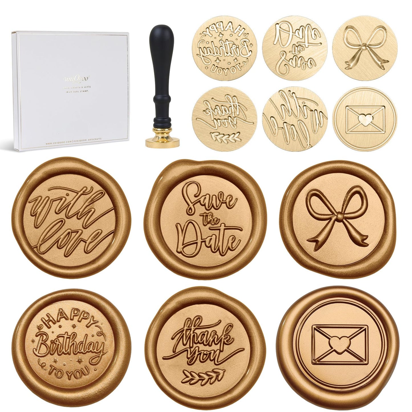 UNIQOOO 6 Pcs Wax Seal Stamp Set, Blessing Sealing Stamper Kit, Wooden Handle with Brass Head for Party Invitations, Envelops, Greeting Cards (Phrases Series)