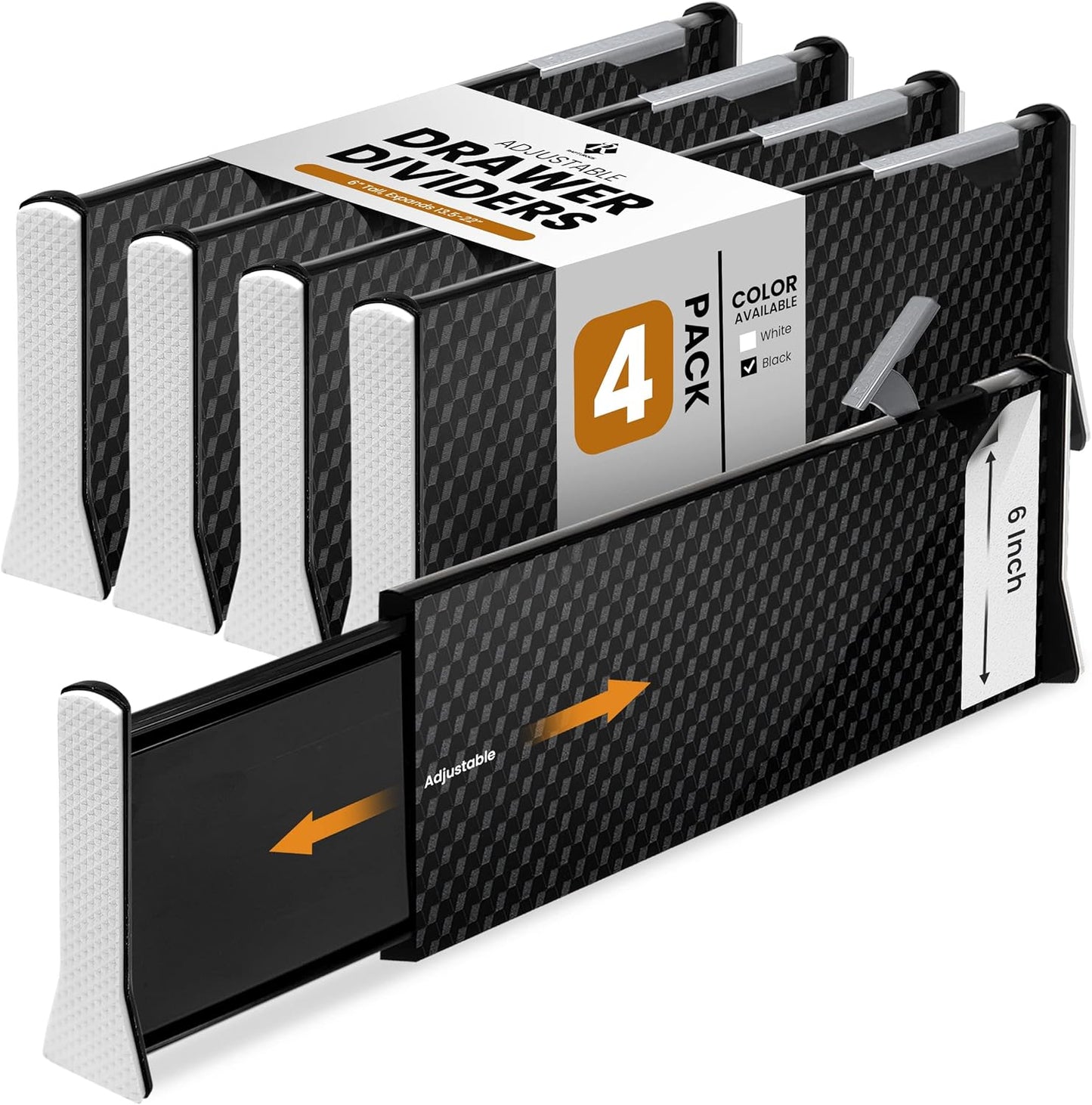 RAPTUROUS 4 Pack Deep Drawer Dividers, Adjustable Organizer for Clothing, Dresser, Kitchen, Black