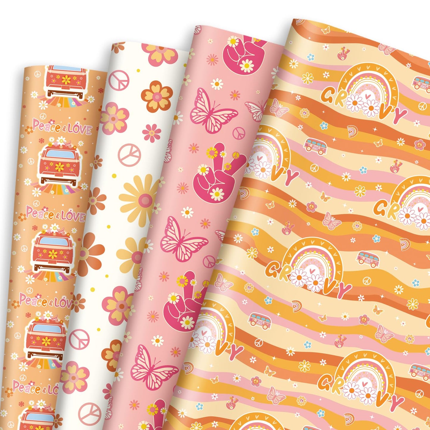 Whaline 12 Sheet Groovy Hippie Wrapping Paper 4 Style Boho Rainbow Daisy Pattern Packaging Paper Retro Groovy DIY Art Craft Sheets for Birthday Baby Shower Party, 19.7 x 27.6 Inch, Folded Flat