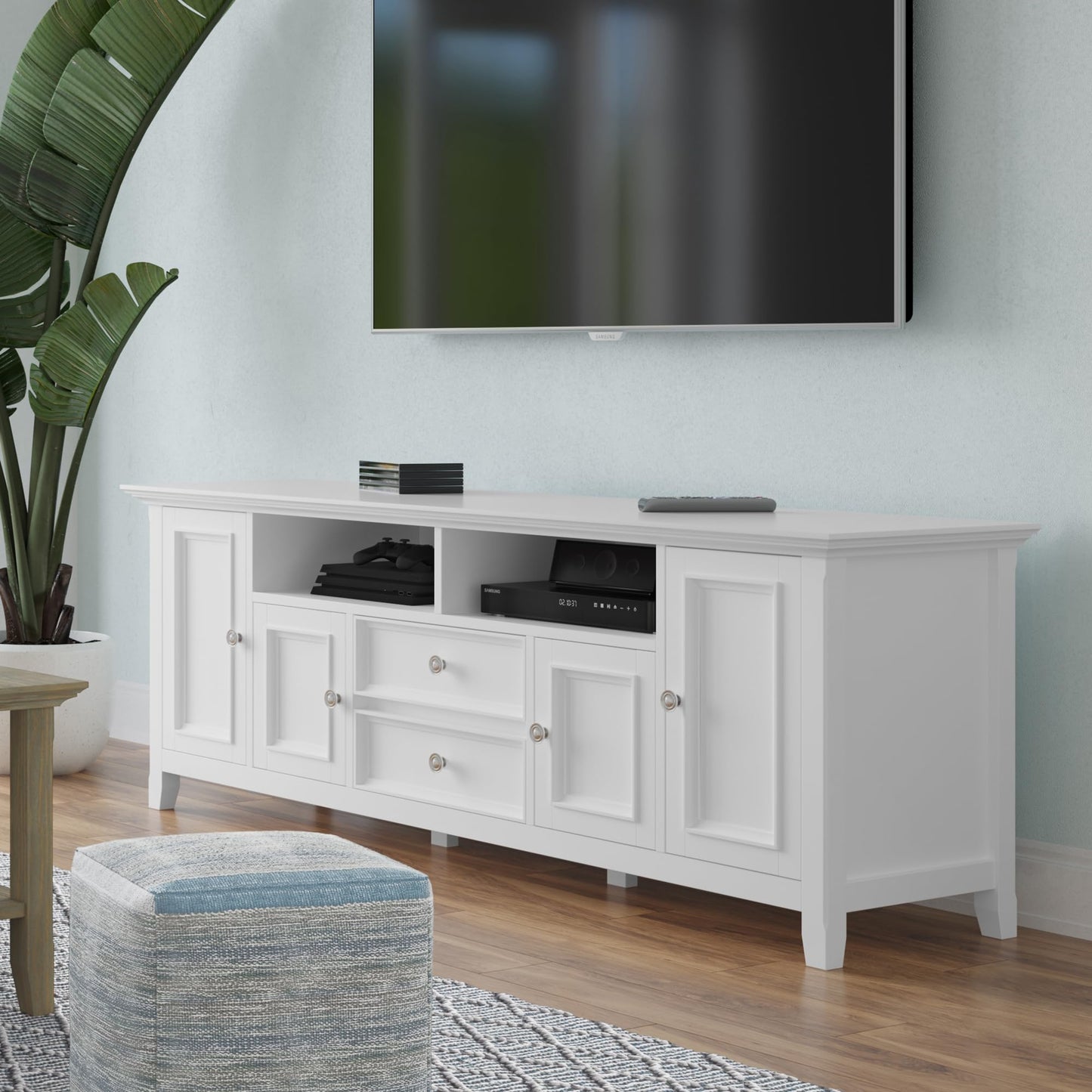 SIMPLIHOME Amherst TV Stand - 72 inch Wide Solid Wood Media Console in White, Transitional Entertainment Center for Living Room for TVs up to 80 Inches with Shelves and Cable Management
