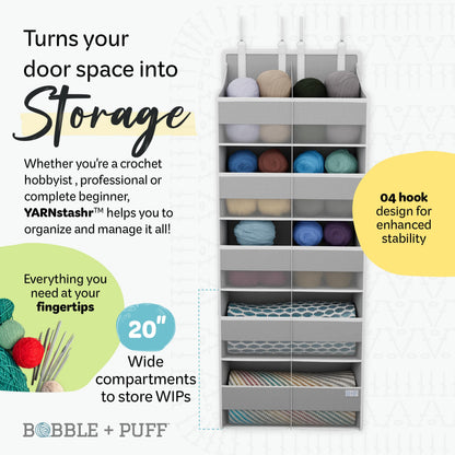 BOBBLE + PUFF Over Door Yarn Storage Organizer with 8 Large Compartments & 10 Mesh Side Pockets for Crochet Accessories & Knitting Supplies, Closet Organization & Home Improvement, 44lbs Weight Limit