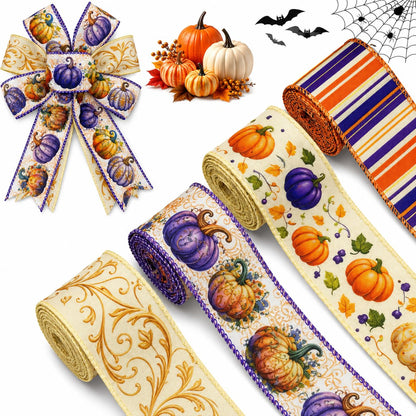 2 Inch Halloween Wired Edge Ribbon, 4 Rolls 20 Yards Fall Pumpkin Spider Web Stripe Craft Ribbon for Wreaths Bows Gift Wrapping, Halloween Party Home Decor