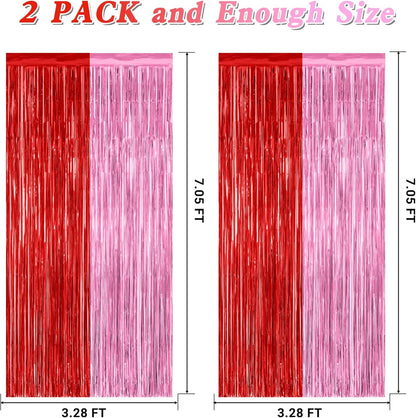 Regine Switzerland Red Pink Backdrop Curtains - 2 Pack Metallic Fringe Tinsel Decor | 3.28' x 7.05'