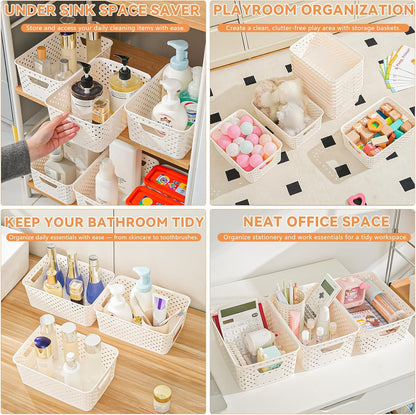Plastic Storage Baskets - 12 Pack Organizing Bins with Handles & Labels for Home, Office, Closet