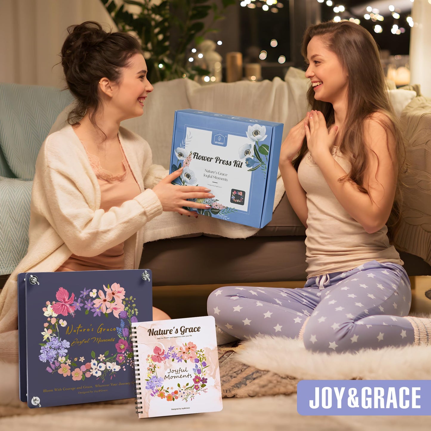 Joy&Grace Flower Press Kit for Adults, with Designed Cover and DIY Album, 10.9" x 10.9" 10 Layers Flower Preservation Kit, Plant Press and Large Plant Drying Toolkit (Color Box, Purple Navy)