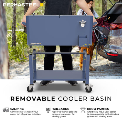 Permasteel Party Cooler with Divider, Removable Basin, Spacious 80-Qt Capacity, Chills 36hrs, Serving Tray, Rolling Ice Chest for Indoor & Outdoor, Matte Blue