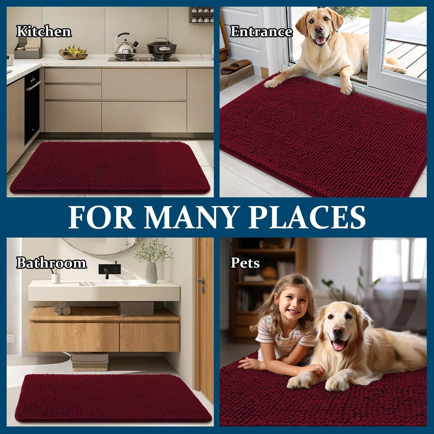 OLANLY Dog Door Mat - Absorbent Non-Slip Washable Doormat for Muddy Paws | 59x35 Burgundy