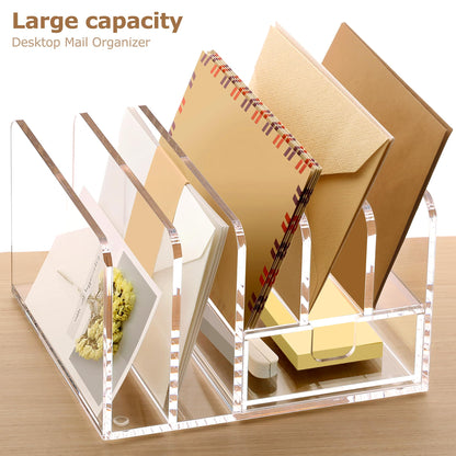 SANRUI Acrylic Mail Sorter Desktop Organizer Holder with Drawer, 5 Compartments Clear Small File Script Letter Document Storage for Desk Bill Filling Envelope Holder Office, Home, School Organization