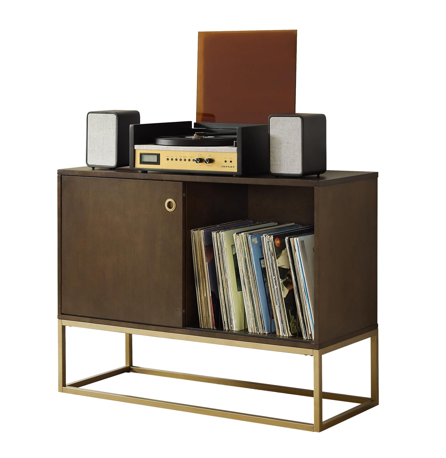 Crosley Furniture Byron Media Console and Record Player Stand with Storage for Vinyl Records, Dark Brown/Gold