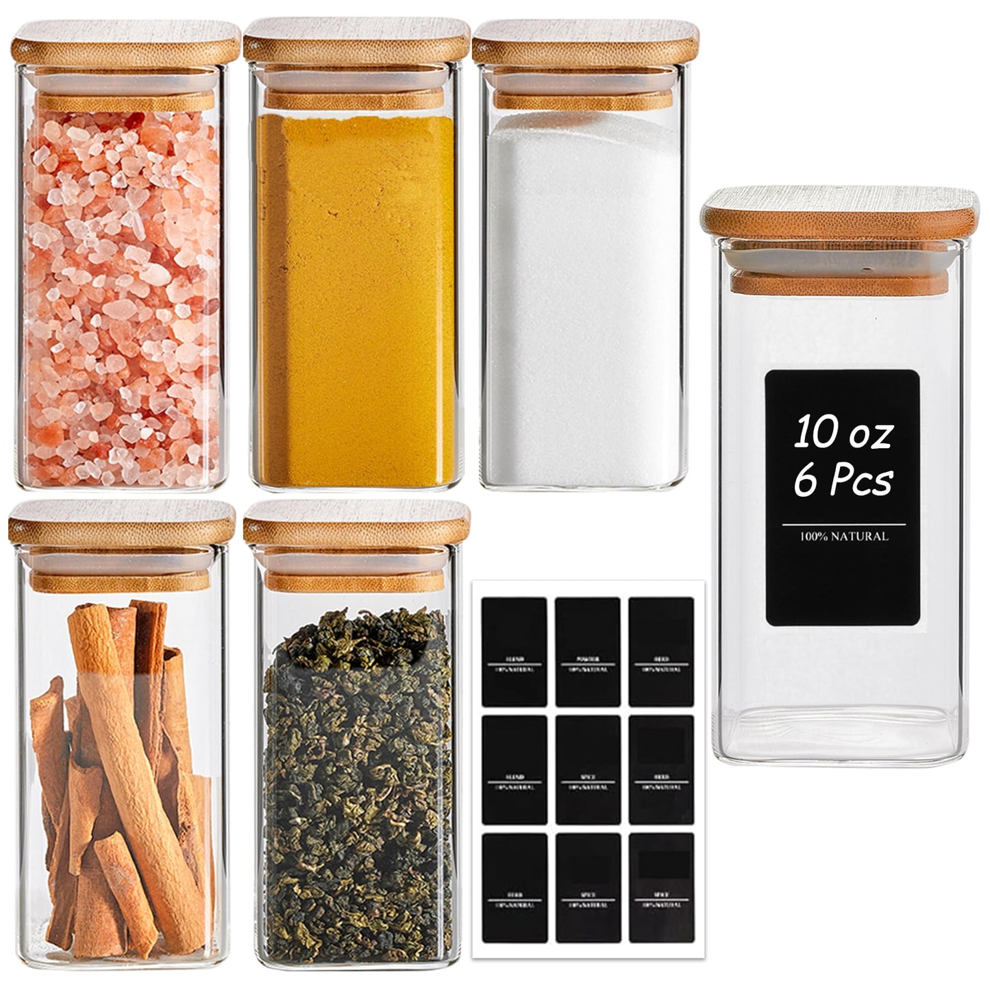 ComSaf 16Pcs Glass Spice Jars with Bamboo Lid, 4oz Airtight Square Spice Containers with 275 Black Lables, Empty Seasoning Jars for Spice Salt Sugar