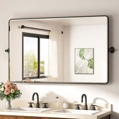 TETOTE Black Pivot Bathroom Mirror 48 x 30 Large Tilting Wall Beveled Mirror, Metal Framed Rectangle Vanity Mirror, Modern Farmhouse Adjustable Tilted Mirror, Horizontal/Vertical, Tempered Glass