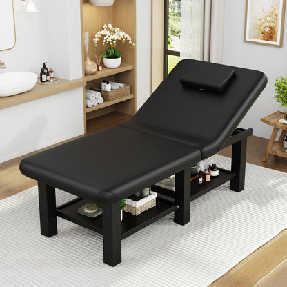30.5'' Wide × 75'' Long Folding Stationary Massage Table with Backrest and Storage Space for Treatment Table Physical Therapy Table Spa Facial Bed, 6 Square legs, Metal Frame PU Leather - Black