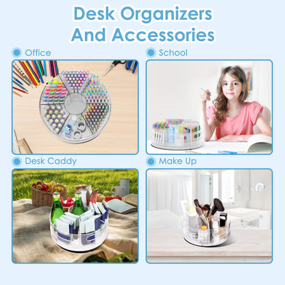 CraftGenes Rotating Desk Organizer, 360° Acrylic Pen Organizer for Desk with 7 Removable Compartments, Extra-Large Pen Holder for Office Supplies, Markers, and Art Supplies, Clear Pencil Holder